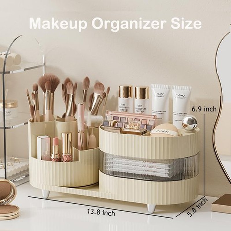 Artcochan Makeup Organizer Countertop 360°Rotating Makeup Organizer for Vanity - Make Up & Jewelry Storage Cosmetic Storage Holder with Makeup Brush Holder and Jewelry Storage (3 Tiers, Cream)