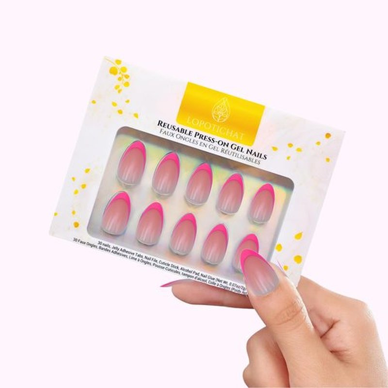 Short Press On Nails Lopotichat - Pink Goddess | Hot Pink Press On Nails | Reusable Fake Nails with Glue | French Tip Press On Nails Almond - 30pcs 15 Sizes Gel Nail Kit