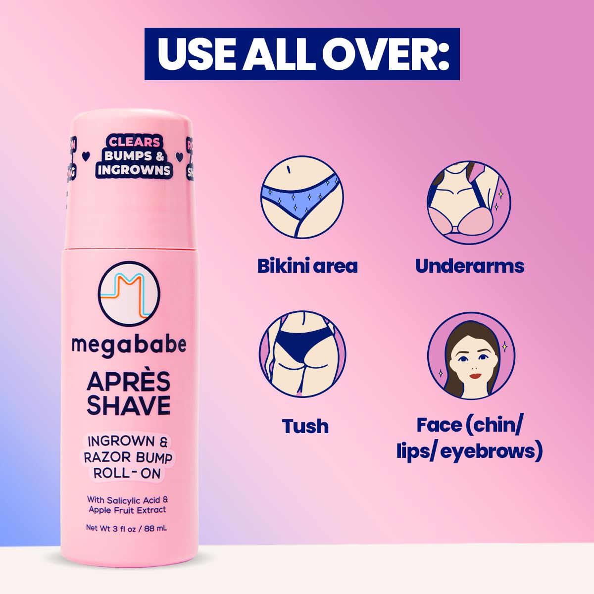 Megababe Après Shave (3.0 fl oz) | Post-Shave & Waxing | Vacation and Hot Weather Must-Have | Ingrown Hair & Razor Bump Roll-On Treatment for Women | Bikini, Armpits & Legs