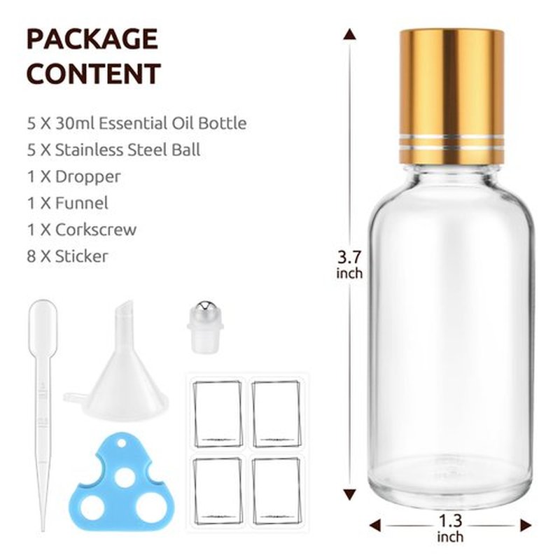 bofessor 30ml Glass Roller Bottles 5-Pack, Refillable Roll-On Bottles for Essential Oils, Perfume, and DIY Blends with Stainless Steel Rollers-Clear