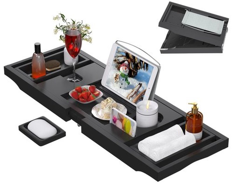 Artmalle Bathtub Caddy Tray - Expandable and Foldable Bath Tray for Tub, Luxury Bamboo Bath Caddy Tub Table, Bathtub Accessories with Book Holder and Free Soap Dish, Black