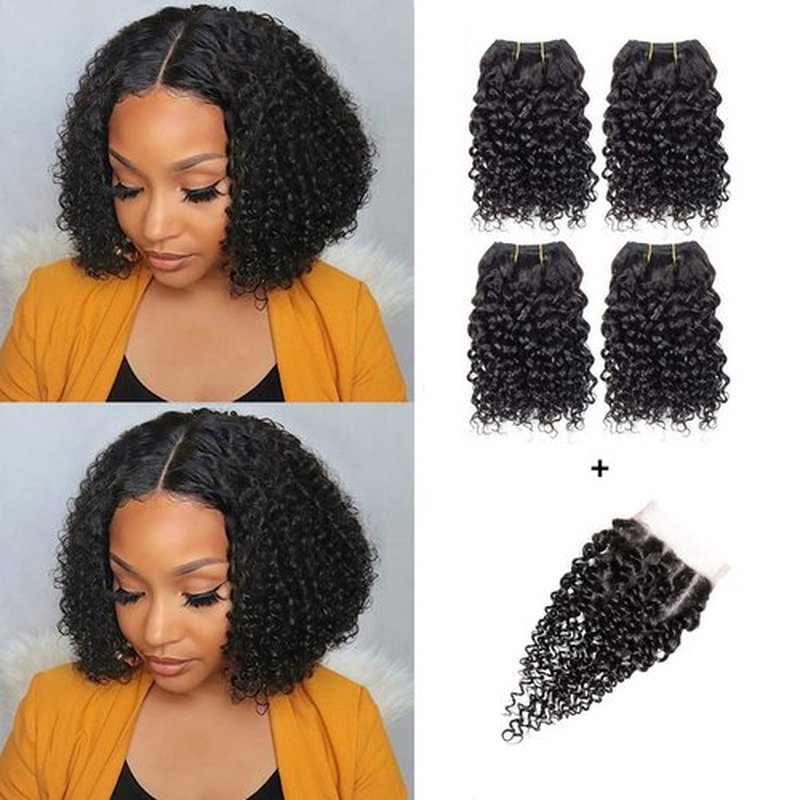 Curly Bundles with Closure Kinky Curly Bundles With Closure 12A Virgin Hair Kinky Curly Bundles With 4X4 Lace Closure Natural Color and Soft（8 8 8 8+8 inch）