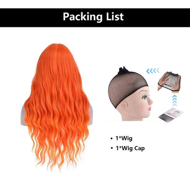 MAGQOO Orange Ombre Flame Fire Wig with Bangs Long Curly Wavy Orange Ombre Hair Wig for Women Girls Synthetic Heat Resistant Cosplay Costume Party Wig Wig Cap Included (Orange Fire)