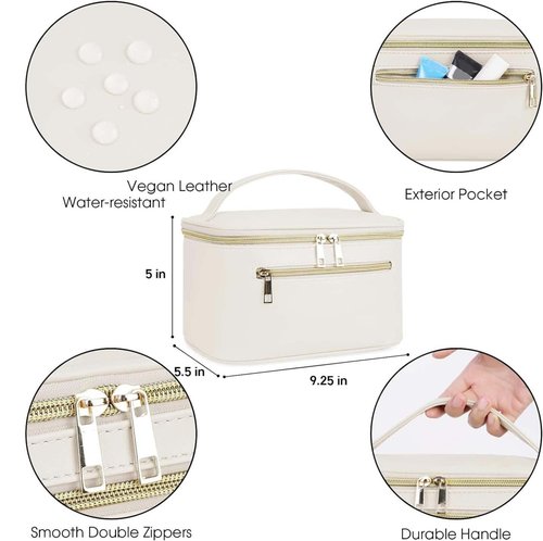 Wandering Nature Makeup Bag, Travel Make Up Organizer Cosmetic Brush Bags Case for Women in Vegan Leather, Milky White(Patent Pending)