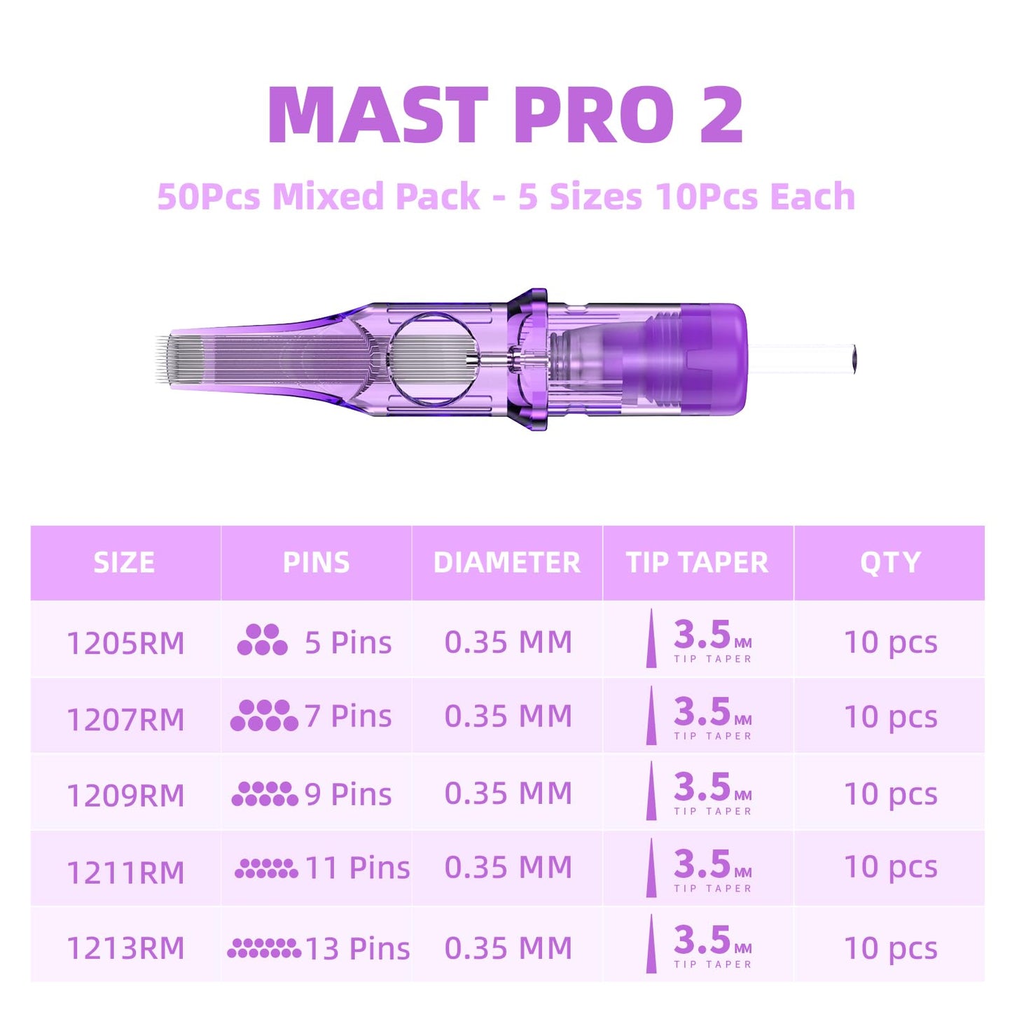 Mast Tattoo Pro2 Needles Cartridges #12 Curved Mugnum 50 Count Mixed Round Magnum Sizes 5RM, 7RM, 9RM, 11RM, 13RM Pro Needle Pins Membrane Disposable