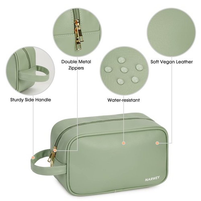 Narwey Vegan Leather Travel Toiletry Bag for Women Traveling Dopp Kit Makeup Bag Organizer for Toiletries Accessories Cosmetics (Green)