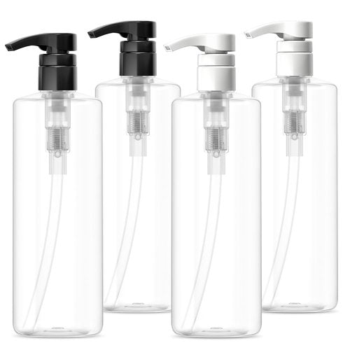 Bar5F 4-Pack Plastic Lotion Bottles with Black & White Pumps, 16.9 oz | Leak Proof, Empty Clear Cylinder, Refillable, BPA Free for Shampoo, Moisturizer, Face Cream, Liquid Hand Soap | Set of Bulk