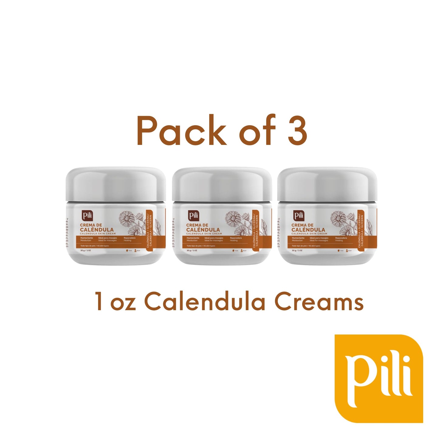 Pili Natural Calendula Cream Hydrating Moisturizer for Dry, Rough, or Chapped Skin Soothing Face, Hand & Body Cream with Beeswax & Glycerin 3 Pack x 1 oz Each