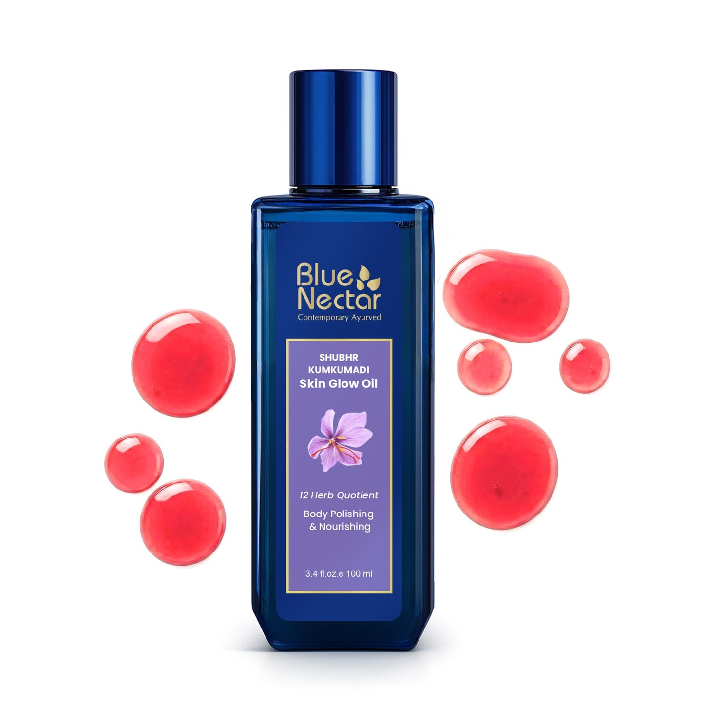 Blue Nectar's Kumkumadi Face Oil, infused with natural herbs for glowing skin (1Fl Oz), & Kumkumadi Moisturizing Body Oil, for dry skin (3.38 Fl Oz).