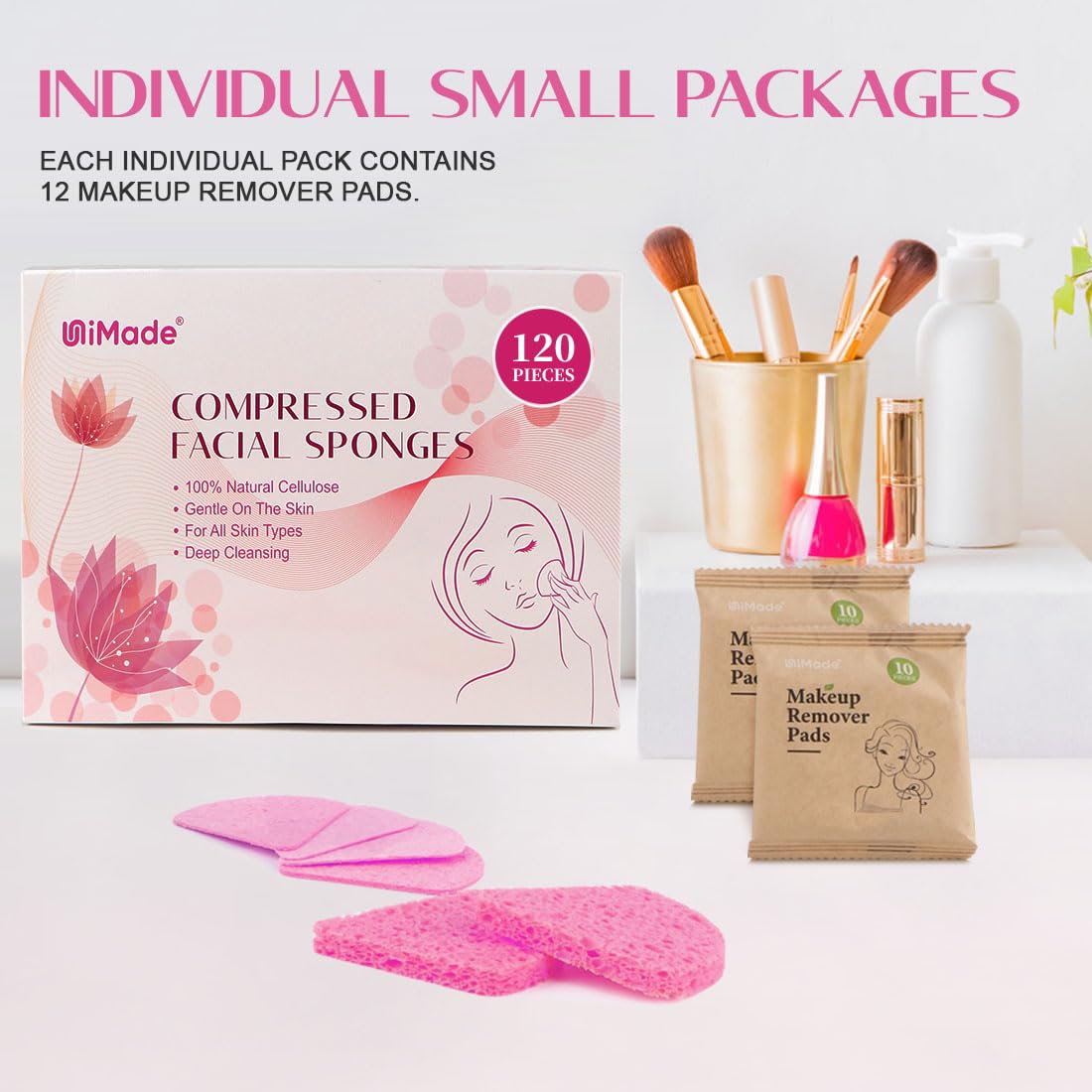 UNIMADE 120-Count Compressed Facial Sponges, Face Sponges for Cleansing, 100% Natural Cellulose Cosmetic Spa Scrub for Makeup Removal, Exfoliating Mask, Skin Massage - Pink