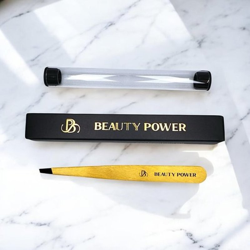 Beauty Power Professional Tweezers - Slant, Durable Lightweight German Stainless Steel, Ultra Precision Tweezers for Eyebrows, Facial Hair, Chin, and Ingrown Hair Removal (Matte Gold)