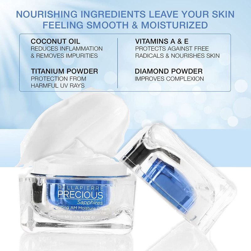 Bellapierre Precious Sapphires Hydrating AM Moisture Cream - Daily Facial Moisturizer with Coconut Oil & Vitamin E | 1.76oz