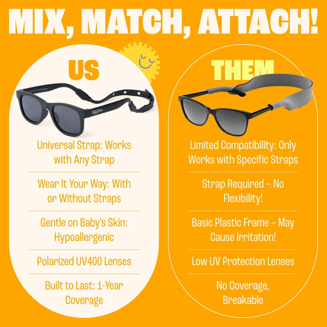 BABY SUNNIES Polarized Infant Sunglasses - 0-24 Months, Black Frame, Strap - UV400 Protection & Baby Travel Essential - Unbreakable Design for Baby Beach Essentials