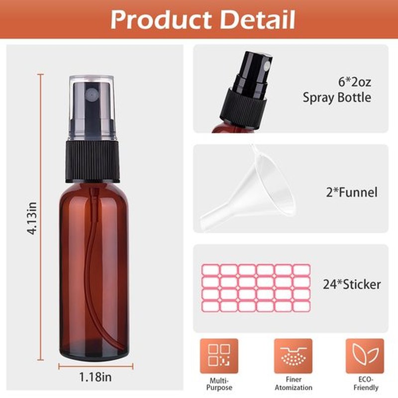 Zoizocp Spray Bottles, 2oz/50ml Amber Empty Fine Mist Plastic Mini Travel Bottle Set, Small Refillable Liquid Containers with 2pcs Funnels and 24pcs Labels (6 Pack)
