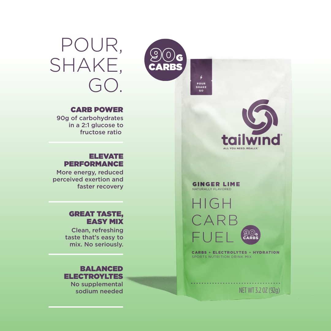 Tailwind Nutrition High Carb Fuel, 90 g High Intensity Carbs (2:1 Glucose:Fructose) + Electrolytes, Gluten‑Free, Vegan, Ginger Lime, Single‑Serving 6 Pack