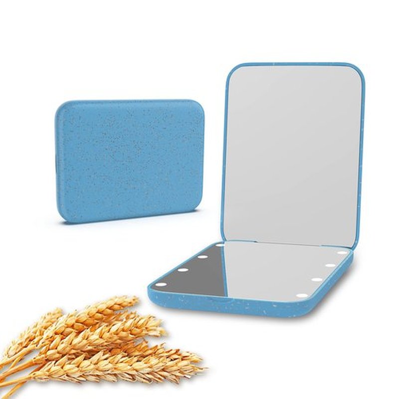 Kintion Wheat Straw Mirror, 1X/3X Magnification Pocket Mirror, Lighted Plastic Fiber Mirror, Folding Purse Mirror, Handheld Travel Mirror, Small Lighted Compact Mirror for Gift, Blue