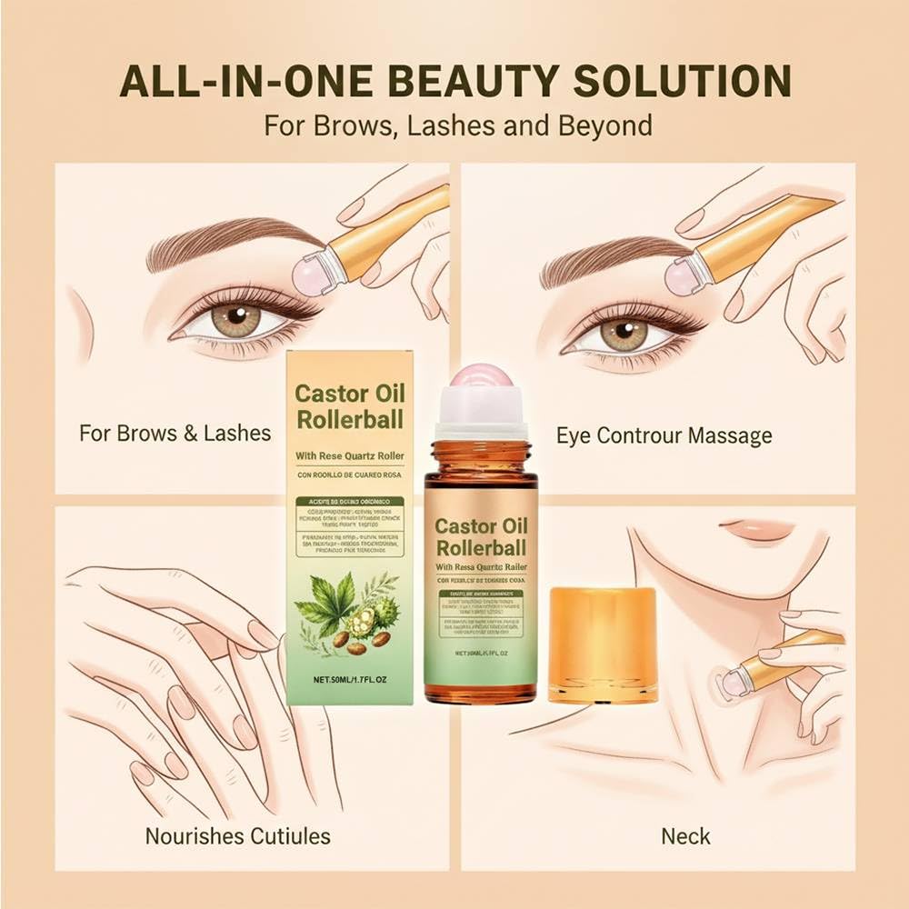 ROVIA 2 PCS Organic Castor Oil Roll On: 100% Cold Pressed Moisturizing Oil with Rose Quartz Roller - for Brows, Lashes, Dry Skin & Face, Travel Friendly Leakproof Roller Bottle