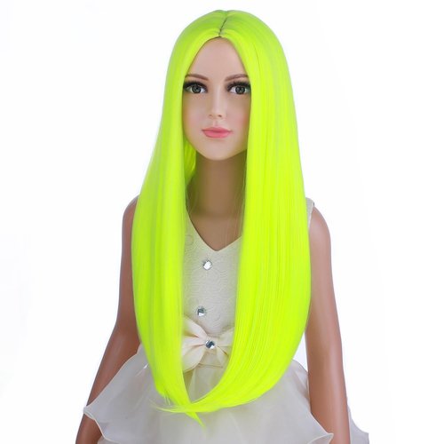 PATTNIUM Kids Green Wig Long Straight Lime Green Wig Girls Fluorescent Green Wig Neon Green Wig Middle Part Kids Long Sythetic Wigs with Wig Cap