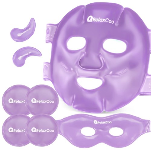 RelaxCoo Ice Face Eye Mask for Dark Circles and Puffiness Cold Warm Compress, Gel Cold Cooling Face Mask Package for Women and Men, Migraines, Headache, Stress and Relaxation Purple