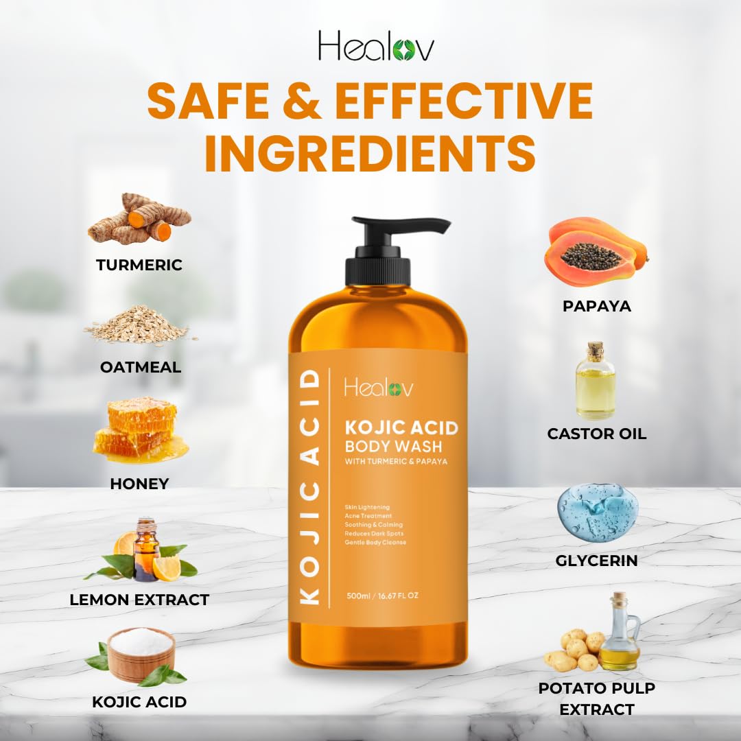 Healov Kojic Acid Soap for Hyperpigmentation – Skin Brightening Kojic Papaya Body Wash – Dark Spot Soap Reduces Acne, Scars, and Evens Tone – Turmeric Body Wash for Brighter Glowing Tone