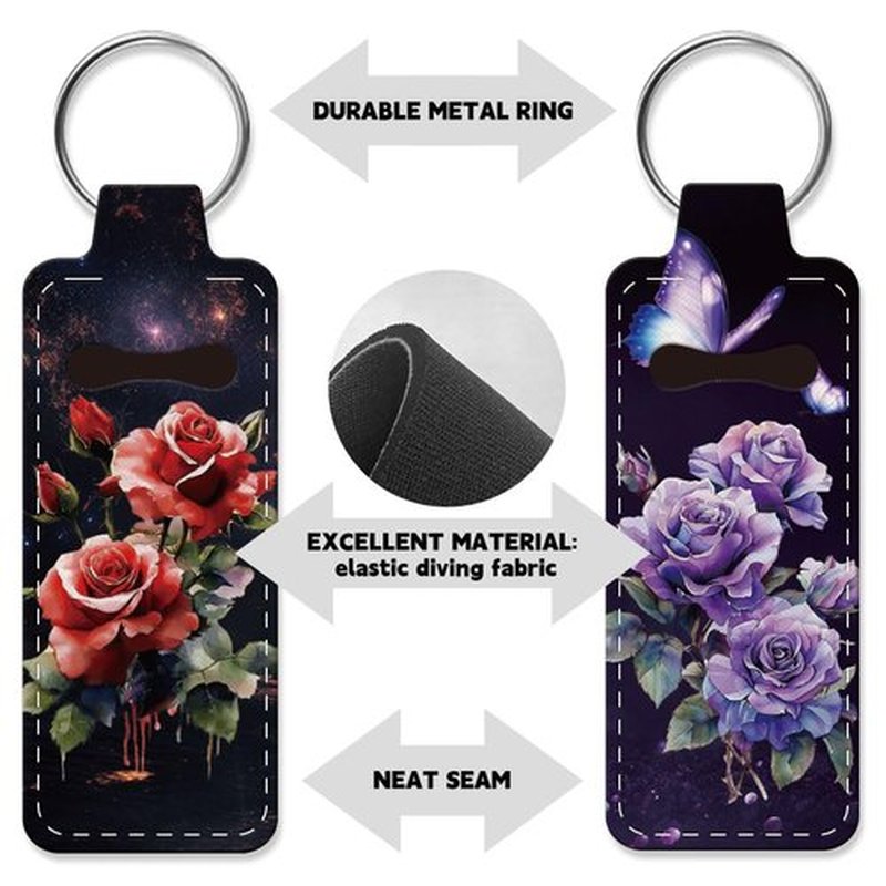 OLYCRAFT 2pcs Lipstick Holder Keychain Roses Butterfly Lip Balm Holders Elastic Diving Fabric Lipstick Keychains Portable Lipstick Holder Bags Lipstick Sleeve Key Ring Holder for Lipstick Chapstick