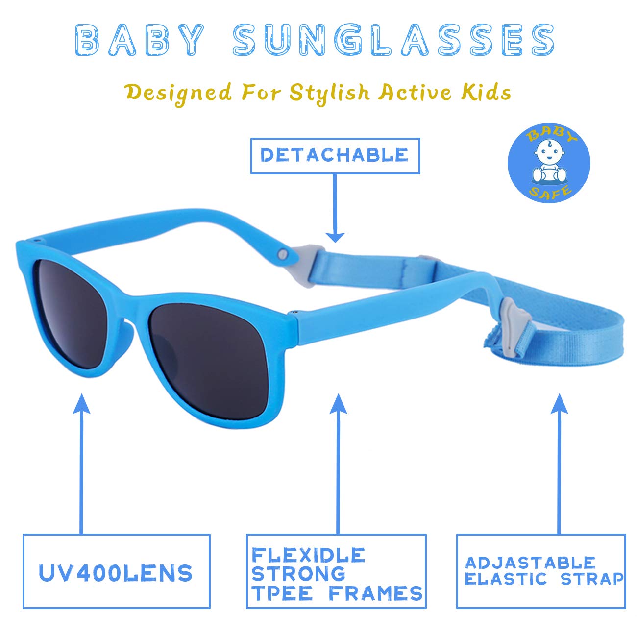 MAXJULI Baby Infant Sunglasses Safe, Soft, With Adjustable Strap 0-24 Months BPA Free (Black/Black+Blue/Black