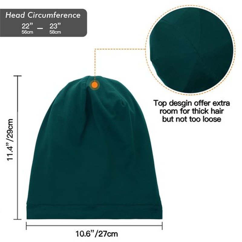 Silk Satin Lined Bonnet Sleep Cap - Adjustable Stay on All Night Hair Wrap Cover Slouchy Beanie for Curly Hair Protection for Women and Men - Solid Forrest Green