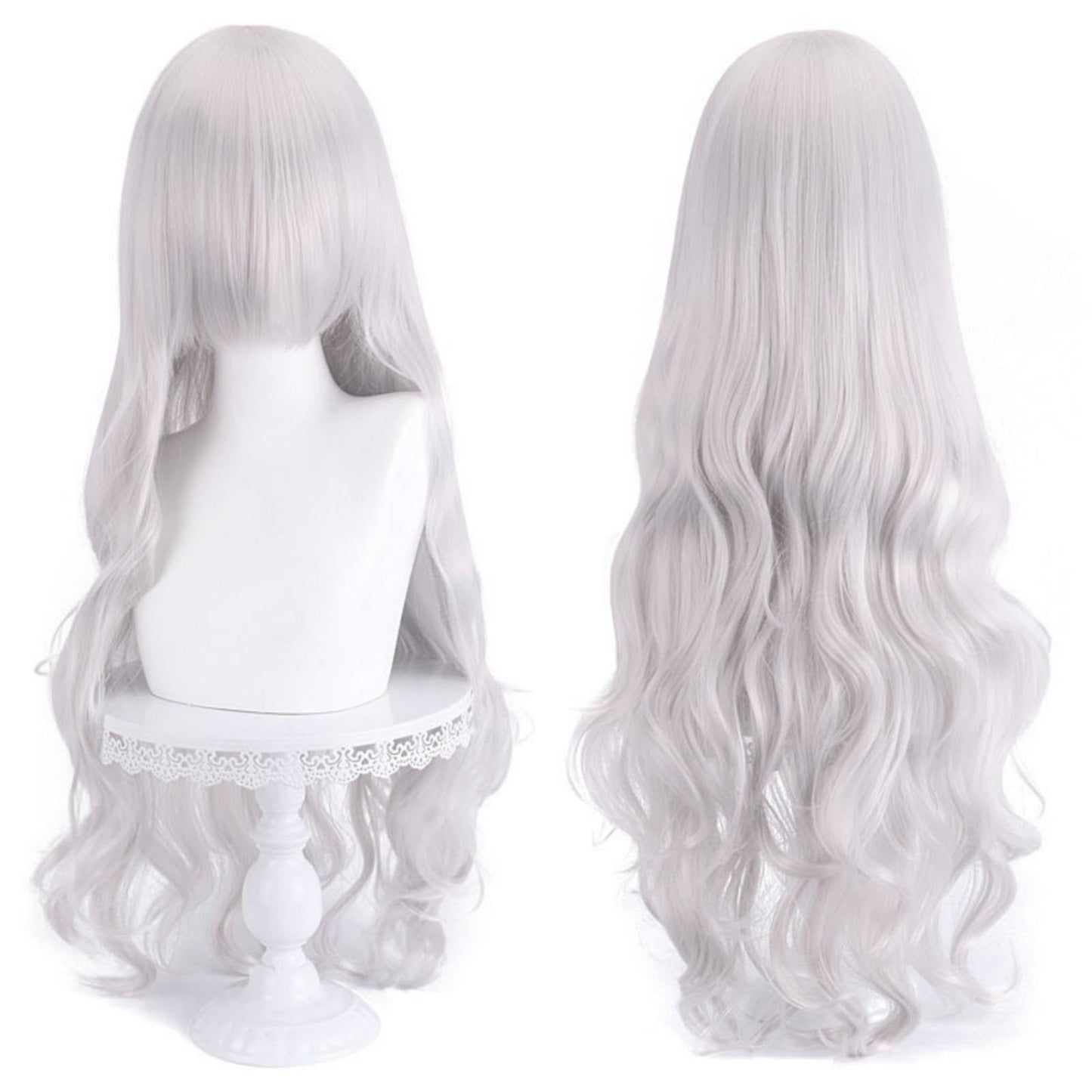 MOJUN 31.5" Silver Wigs with Bangs Long Wavy Curly Wigs for Women Silver Hair Wig Natural Looking Synthetic Heat Resistant Fiber Wave Wig for Halloween Cosplay Daily Party Wig, JF80-3