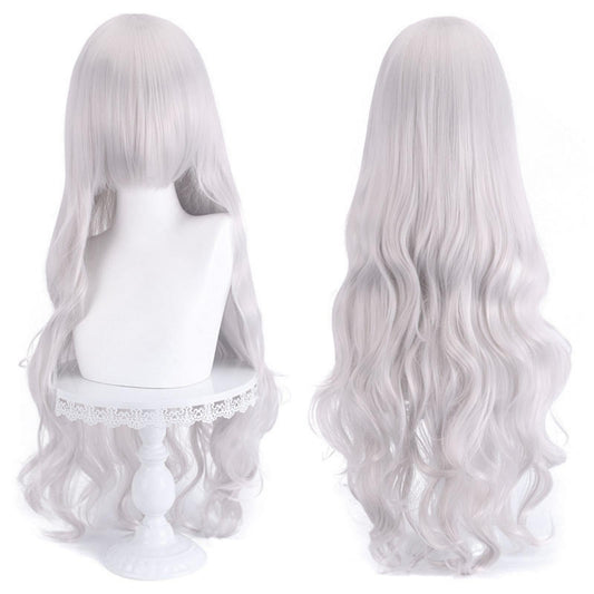 MOJUN 31.5" Silver Wigs with Bangs Long Wavy Curly Wigs for Women Silver Hair Wig Natural Looking Synthetic Heat Resistant Fiber Wave Wig for Halloween Cosplay Daily Party Wig, JF80-3