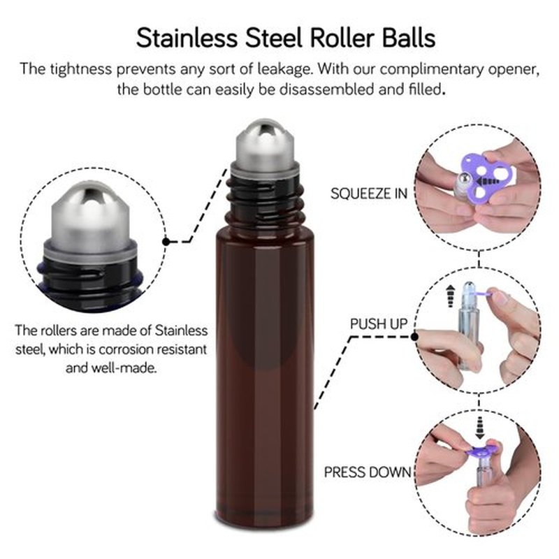 PrettyCare Roller Bottles For Oils 10 ml (Amber Glass, 24 Pack, 1 Extra Stainless Steel Balls, 12 Labels, 1 Opener, 1 Funnels Essential Oil Roller Bottles, Roller on Bottles