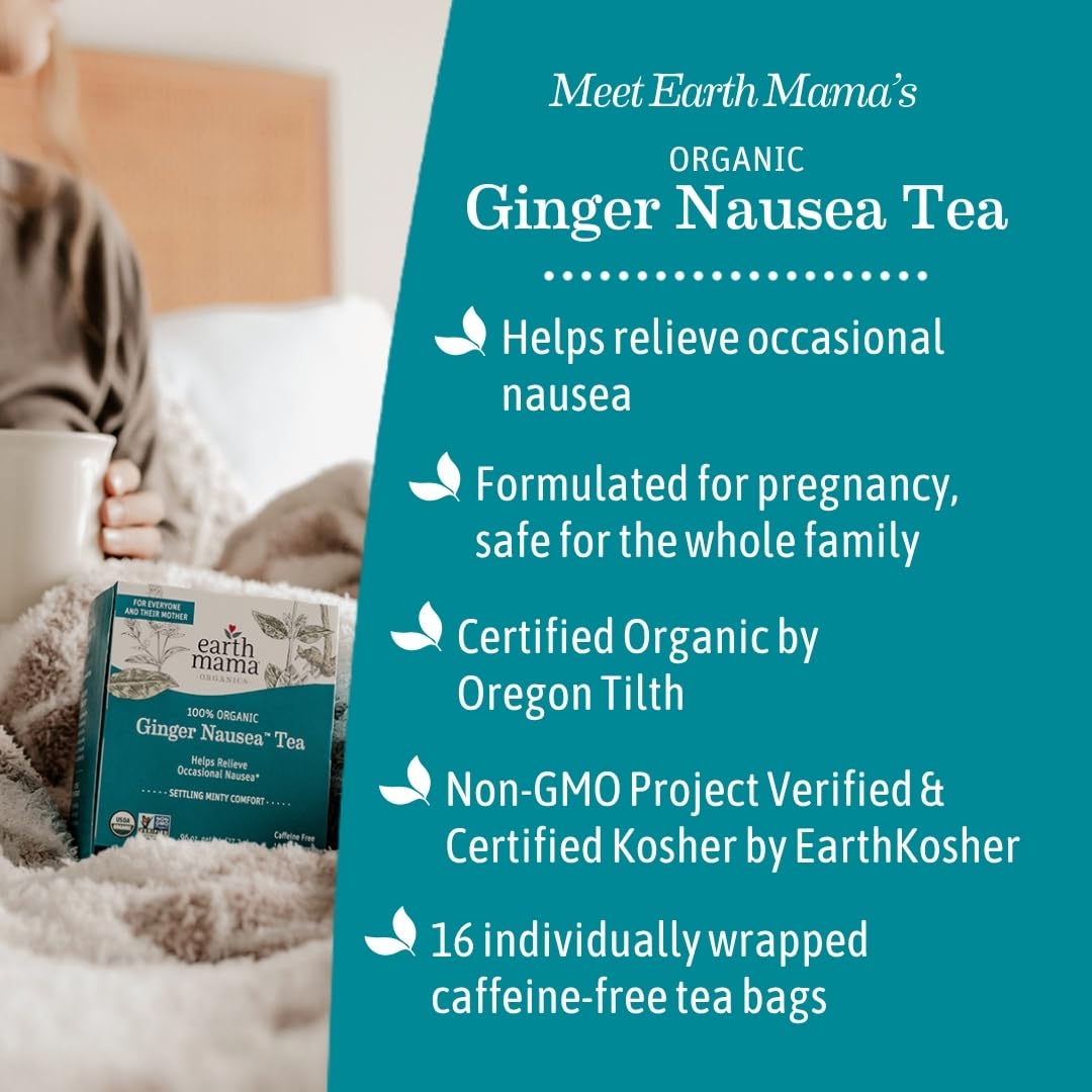 Earth Mama Organic Ginger Nausea™ Tea | Comforts Occasional Nausea + Morning Sickness, 16 Teabags Per Box