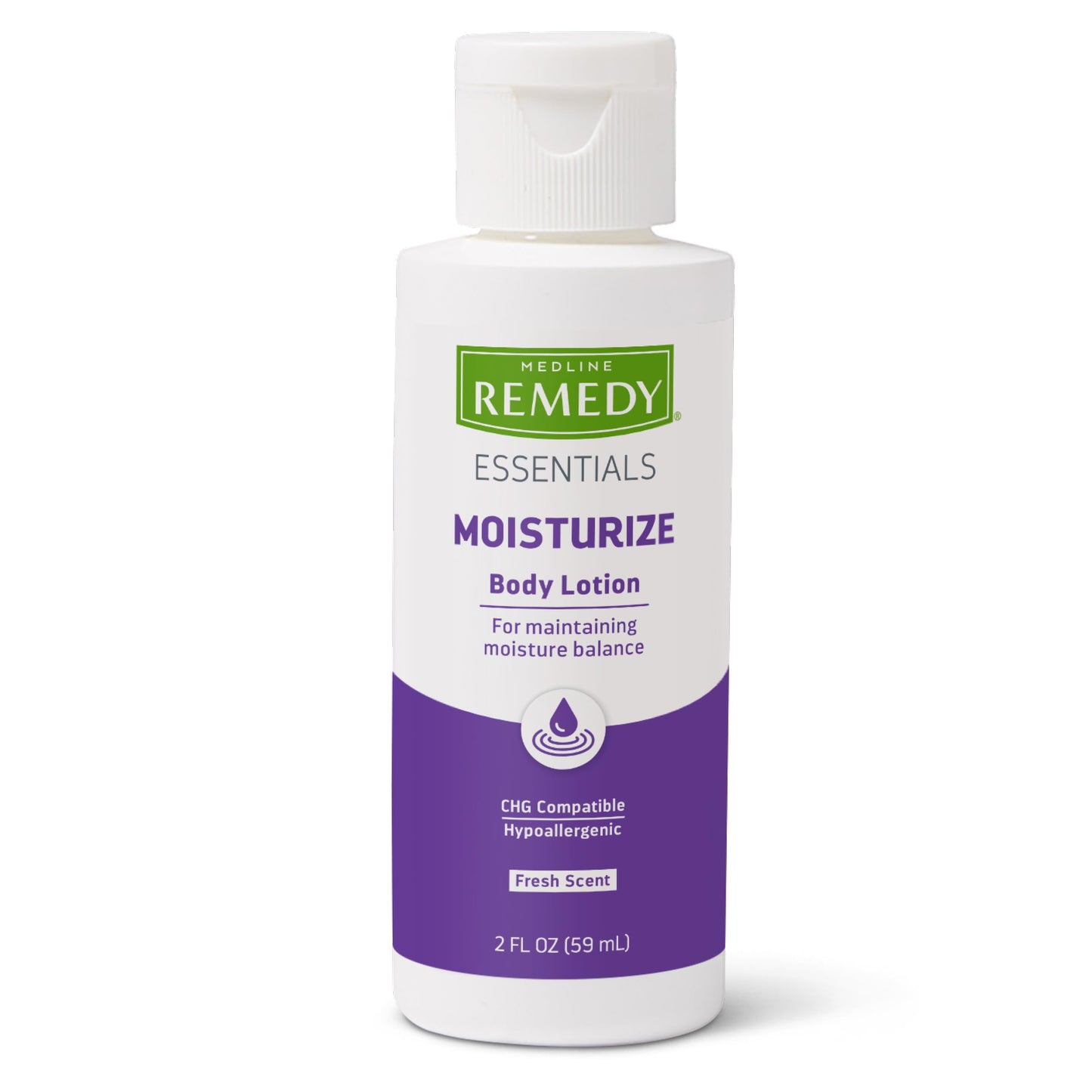 Medline Remedy Essentials Moisturizing Body Lotion (2 oz Bottle), Fresh Scent, Travel-Size, Hydrating, Non-Greasy, For Dry Skin, Hypoallergenic, Men, Women, Elderly