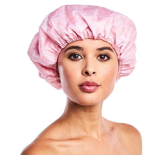 Reusable Nylon Shower Cap & Bath Cap, Reversible Oversized Waterproof Shower Caps Large Designed for all Hair Lengths w Terry Lining & Elastic Band Stretch Hem Hair Hat - Socialite Pretty in Pink Lace