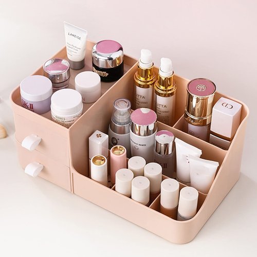 POFUOT skin care organizer,Makeup Desk Organizer With Drawers,Countertop Organizer for Cosmetics,Vanity brush with Holder for Lipstick, Brushes, Eyeshadow, and Desktop (polar pink)