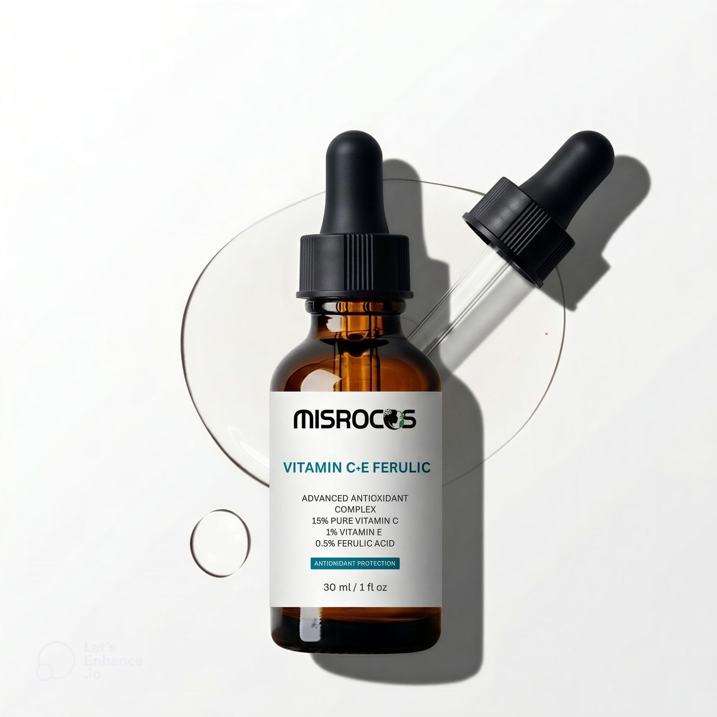 MISROCOS Vitamin C + E Ferulic Acid Serum - 30ml (1 fl oz) | Advanced Antioxidant Complex with 15% Pure Vitamin C | Brightening Face Serum for Fine Lines & Sun Damage (Pack of 1)
