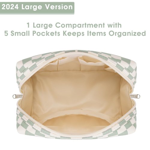 Narwey Large Checkered Makeup Bag Zipper Pouch Travel Cosmetic Bag Organizer for Women (Large, Mint Green Checkerboard)