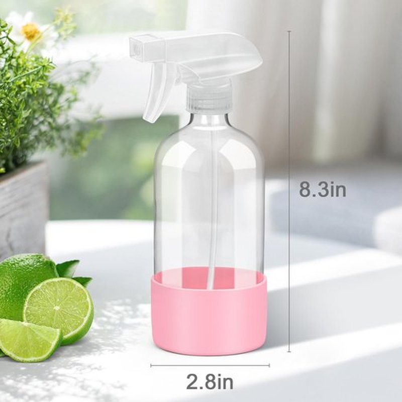 Rionisor Glass Spray Bottles with Silicone Sleeve Protection, Empty 16 oz Refillable Containers, Reusable Spray Bottles with Adjustable Nozzle for Hair, Cleaning Solutions, 3 Pack Pink&Blue&Purple