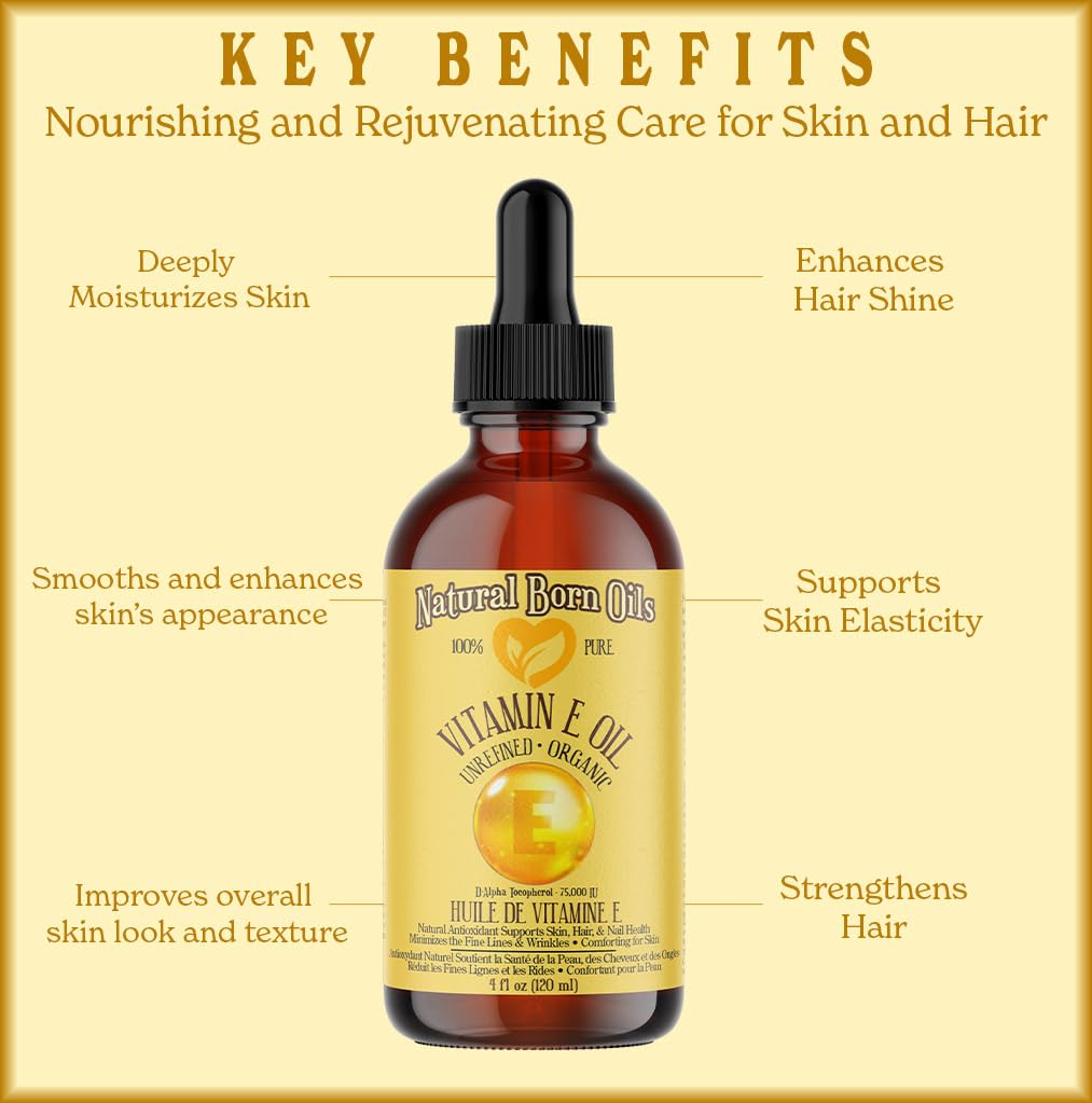 Natural Born Oils Natural Vitamin E Oil, 8oz, Organic, Cold-Pressed, Rich in Alpha-Tocopherol, Ideal for Moisturizing Skin, Strengthening Hair