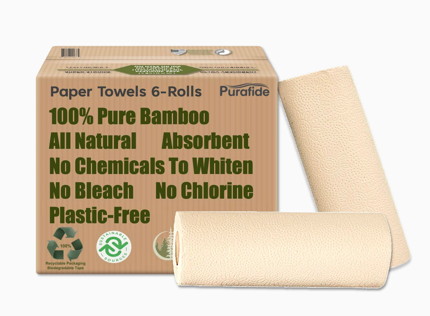 Purafide 100% Bamboo Paper Towels, Tree-Free, Chemical-Free, Lint-Free, Durable, Absorbent, Select-a-Size 2-Ply, 90 Sheets Per Roll. (PT 6 Rolls)