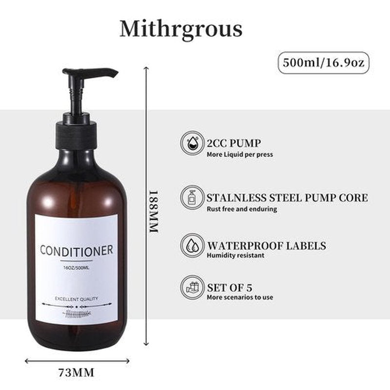Stylish Shampoo Bottles Refillable with Pump,(5Pack) Amber Shampoo and Conditioner Dispenser,Shampoo Bottles with 8pcs Lables,Shampoo and Conditioner Bottle Set