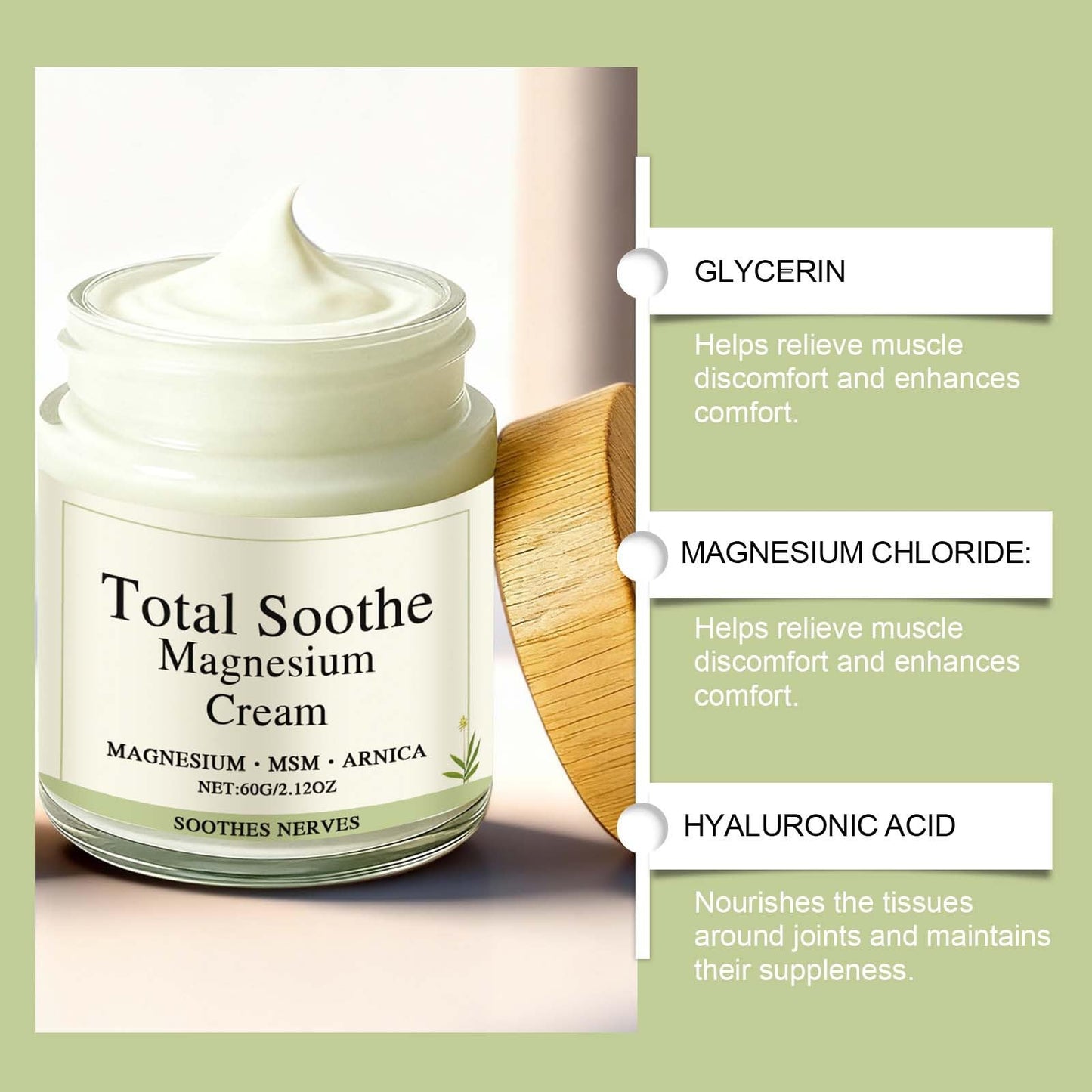BITYEYE Total relief magnesium cream，total soothe magnesium cream for knees，Fast Absorbing, Take care of the muscles of your wrists, knees, feet and joints
