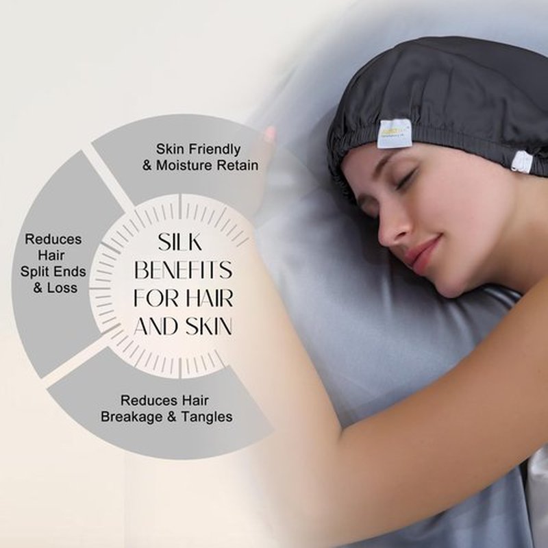 ZIMASILK 100% Mulberry Silk Bonnet for Sleeping Women Long Hair Double Layer Silk Hair Wrap with Adjustable Band Natural Silk Bonnet for Hair Care Stay On Head (1Pc, Dark Grey)