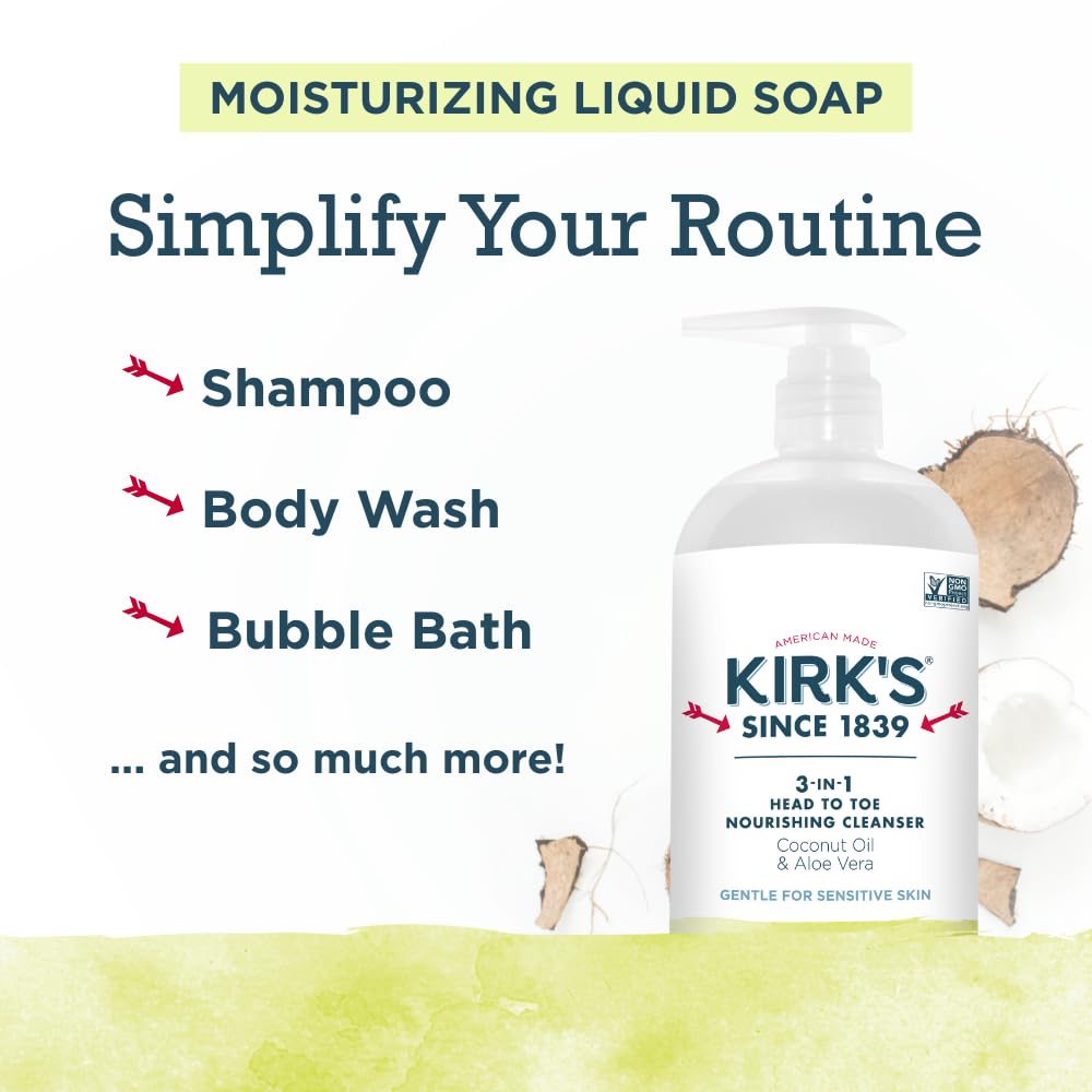 Kirk's Juniper & Lime 3-in-1 Nourishing Cleanser and Travel Bar Soap, Shampoo Body Wash Bubble Bath, Coconut Oil and Aloe Vera, Vegan Non-GMO, 32 Fl Oz