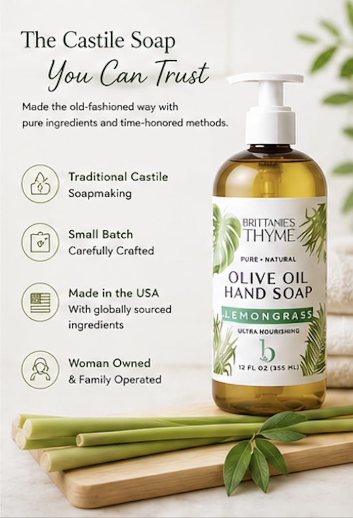 Brittanie’s Pure Castile Liquid Hand Soap Refill, Bergamot | Lavender | Lemongrass, 12 Ounce Pack of 3 | Dish Soap, Hair & Body, Home, Gentle & Pure, Natural Luxurious Oils, Vegan & Gluten Free