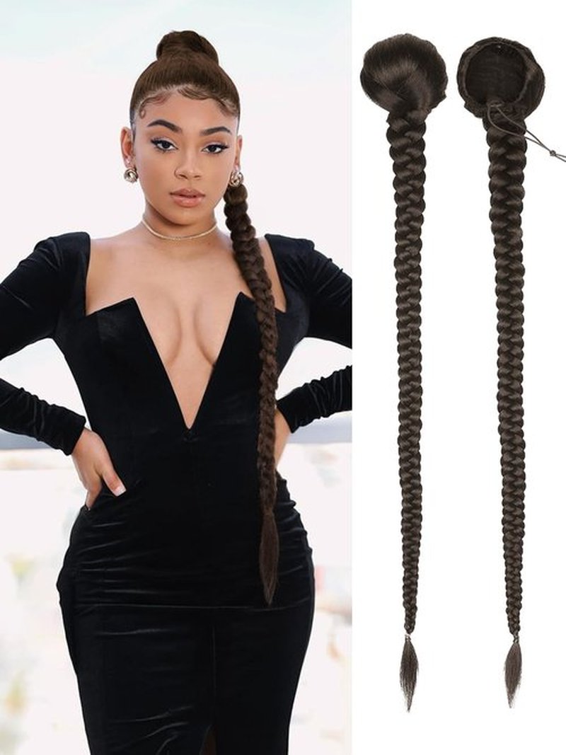 WIGER Drawstring Braided Ponytail for Women 34 Inch Long Dark Brown DIY Ponytail Extensions Yaki Straight Clip-In Hair Extension Synthetic Braided Hairpieces for Daily or Costumes