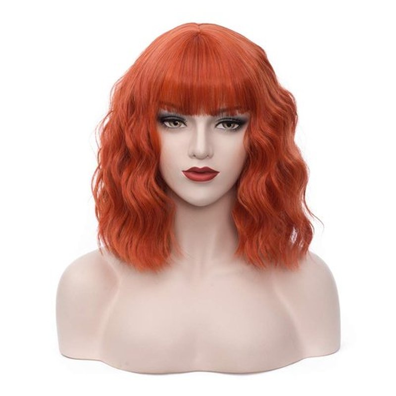 BUFASHION 14" Women Short Wavy Curly Wig Orange Bob Wig Cosplay Halloween Synthetic Wigs Wigs With Neat Bang Wig With Free Wig Cap (Orange 1)