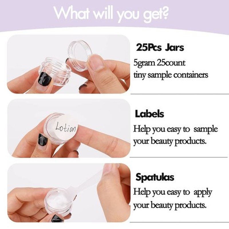 5 Gram Sample Containers with Lids, 25 Count 5ML Clear Sample Jars, Empty Lip Balm Containers with Lids, Small Makeup Travel Containers for Glitter, Lotion, Cream, Beads, with Labels, Mini Spatulas