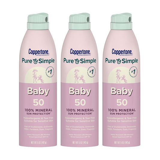Coppertone Pure and Simple Baby Sunscreen Spray SPF 50, Zinc Oxide Mineral Sunscreen for Babies, Hypoallergenic and Tear Free, 5 Oz Can, Pack of 3