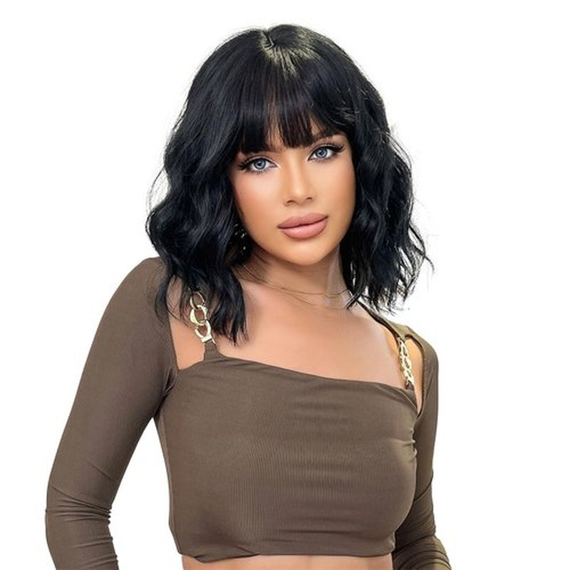 Allbell Black Wigs for Women Short Wavy Bob Wig with Bangs for Women Synthetic Short Curly Wave Wigs Heat Resistant Fiber Hair Wigs for Daily