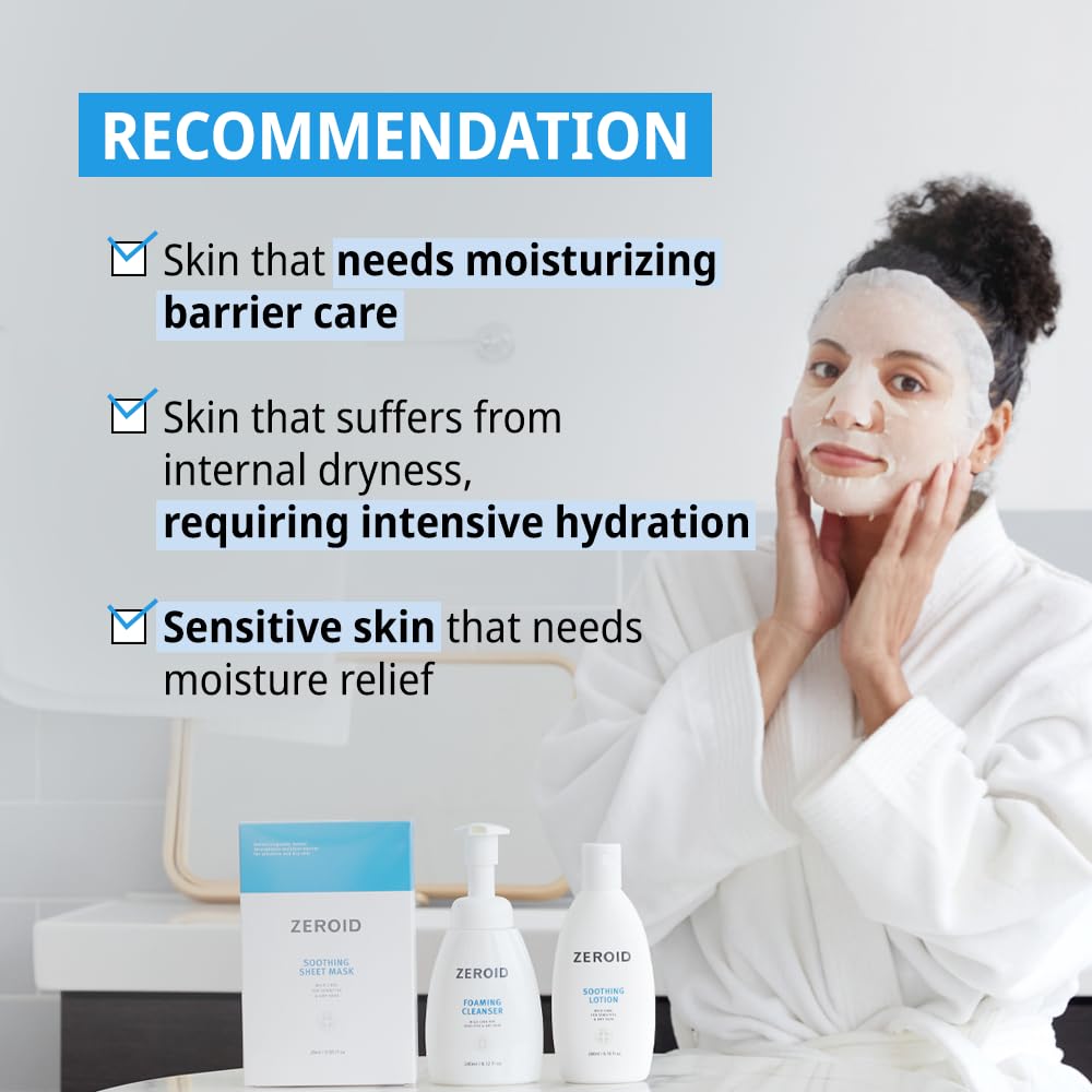 ZEROID | Soothing Sheet Mask | Face Masks Skincare for Sensitive and Dry Skin | Korean Face Mask with Hyaluronic Acid & Ceramide | Hydration & Skin Barrier Enhancement | Pure Cotton Sheet | 5 Sheets